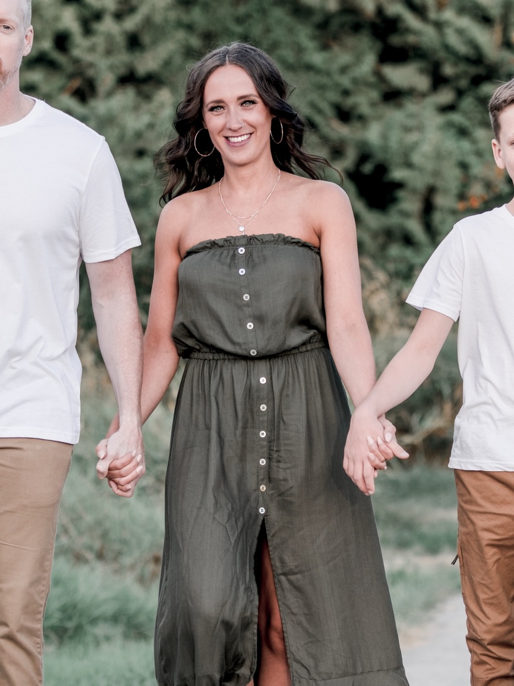 Strapless Olive Green Button-Front Maxi Dress, Small